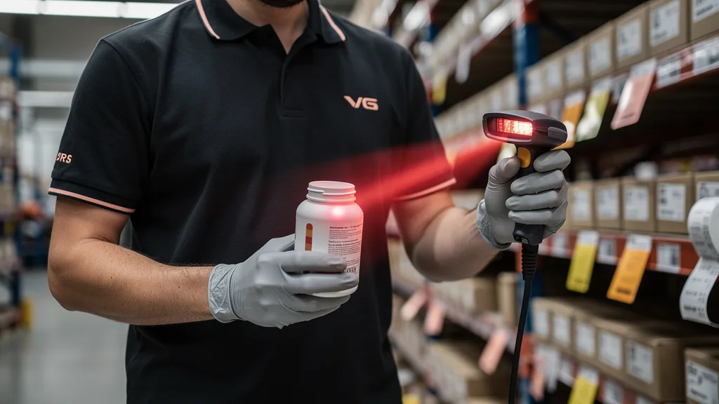 A worker scans a bottle of gummy vitamins, identifying it as a heat-sensitive product.