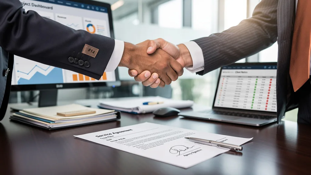 Two professionals shaking hands over a signed contract to begin a marketing partnership.