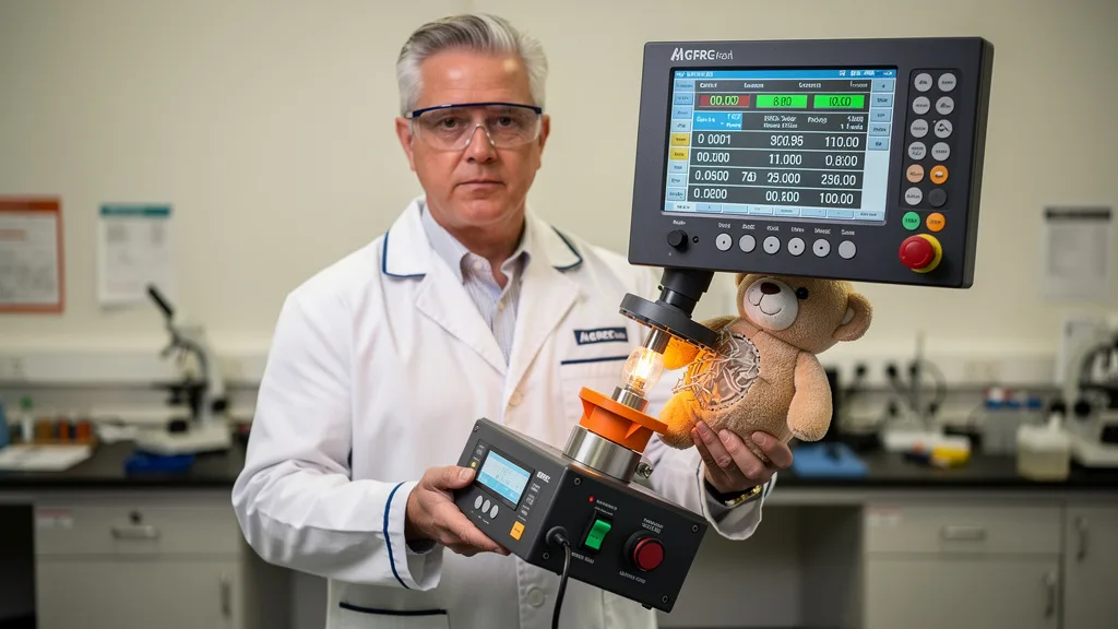 A scientist in a CPSC-accepted lab conducting a flammability safety test on a children