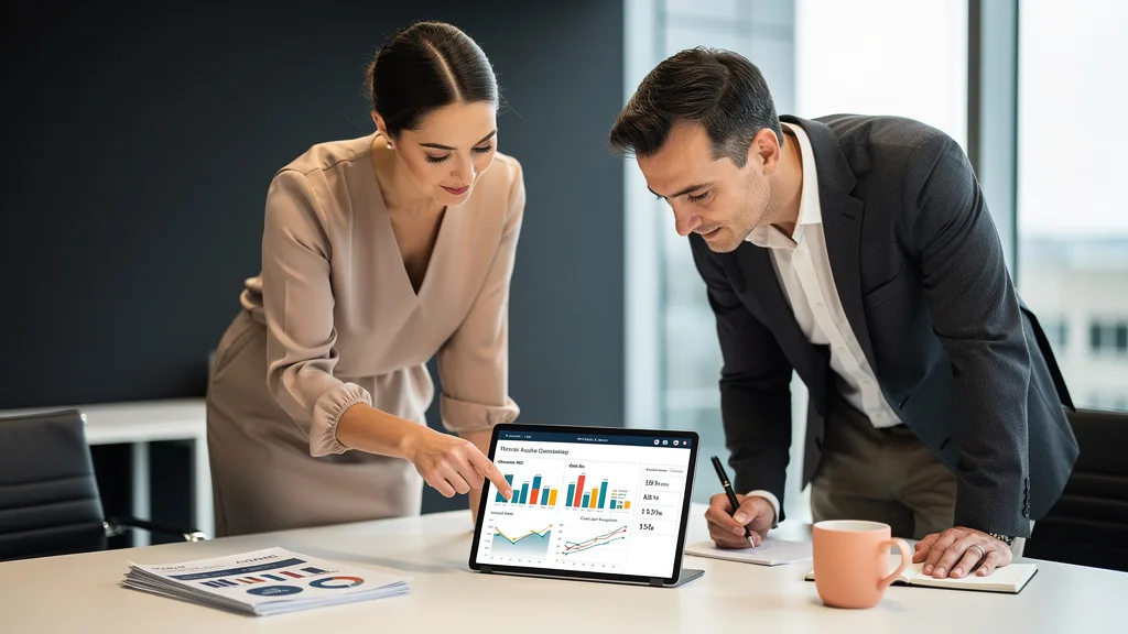 Two professionals discussing channel ROI benchmarks on a tablet with data dashboards.