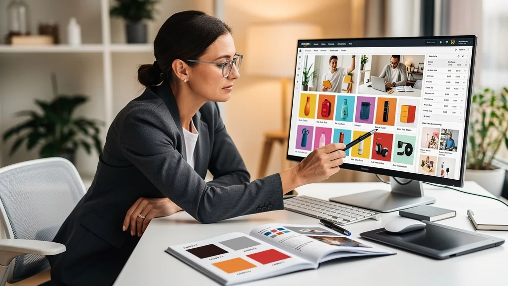 Click to manage / replace image A designer creating an Amazon Brand Storefront using a brand style guide with specific colors and fonts.