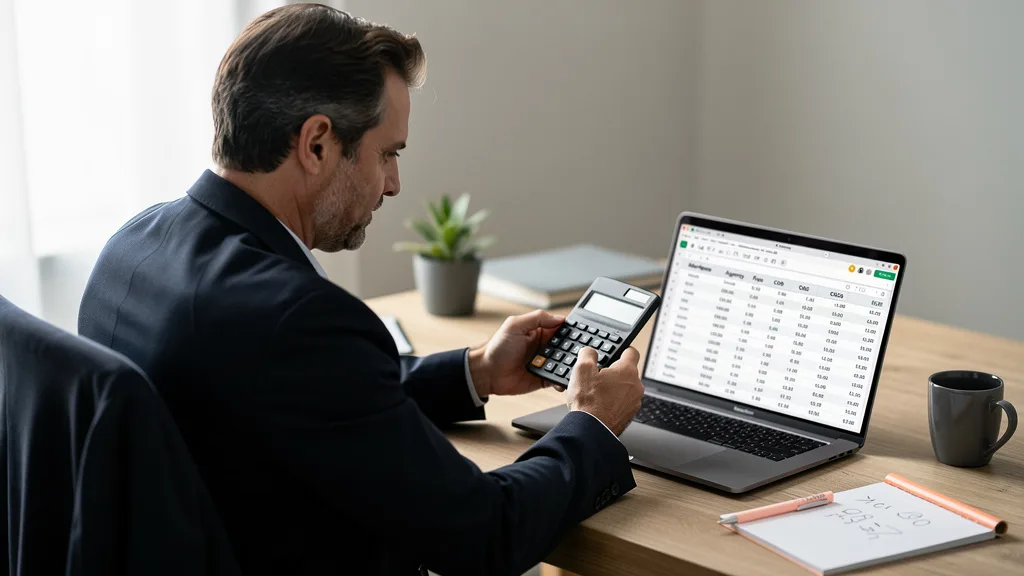 A business owner planning their budget for Amazon agency fees with a calculator and spreadsheet.