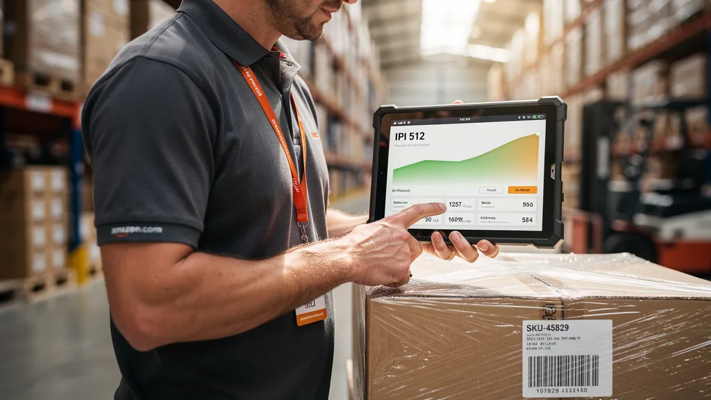 Click to manage / replace image Manager checking the IPI score on a tablet in an FBA warehouse.