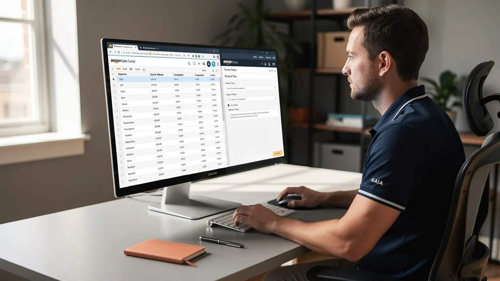Click to manage / replace image A user performing keyword research on a spreadsheet and integrating those keywords into an Amazon listing backend.