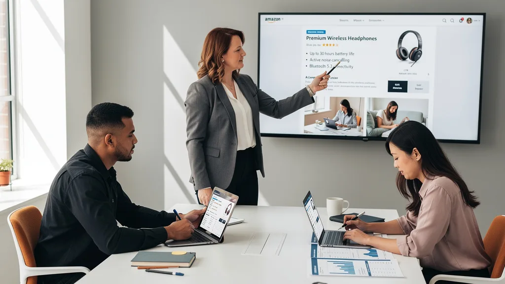 Click to manage / replace image A boutique agency team discussing Amazon listing optimization strategy for a client.