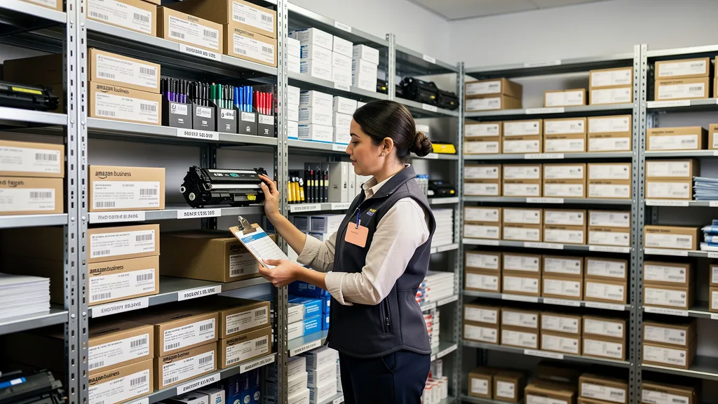 An office manager stocking a supply closet with bulk office products purchased from Amazon.
