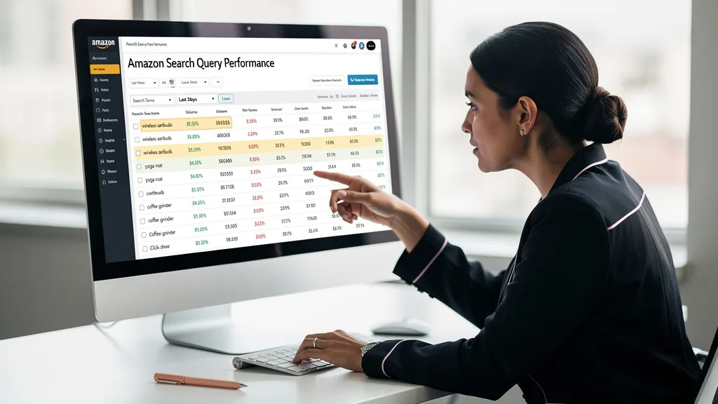 A detailed view of the Amazon Search Query Performance dashboard showing keyword data.