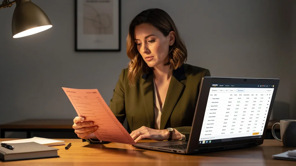 Click to manage / replace image A person working on their laptop with a physical checklist for optimizing an Amazon listing.