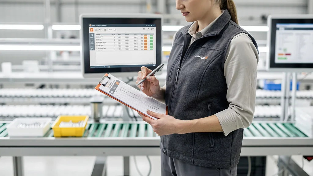 A quality control inspector examining a product in a factory.