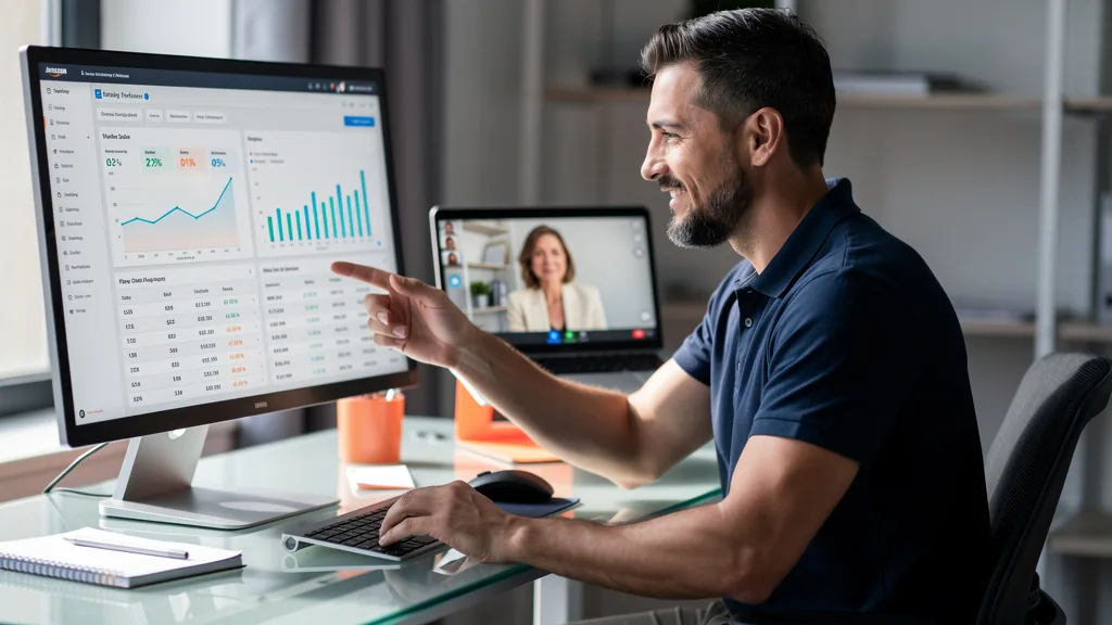 An Amazon account manager discussing B2B performance metrics with a client over a video call with a shared dashboard.