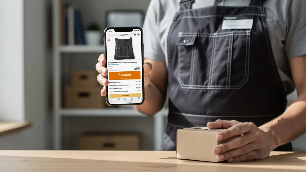 A close-up of an Amazon product page on a smartphone highlighting the digital coupon feature to attract buyers.