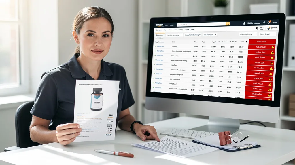 Click to manage / replace image An Amazon compliance expert cross-references a product listing with a list of prohibited medical claims.