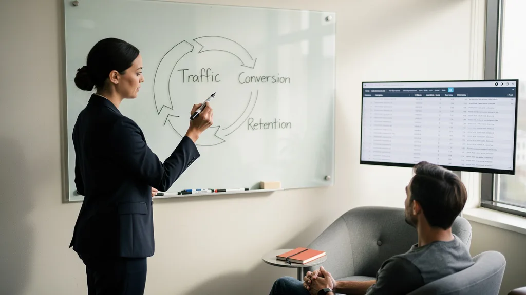 A marketing expert illustrating the Amazon flywheel concept on a whiteboard.