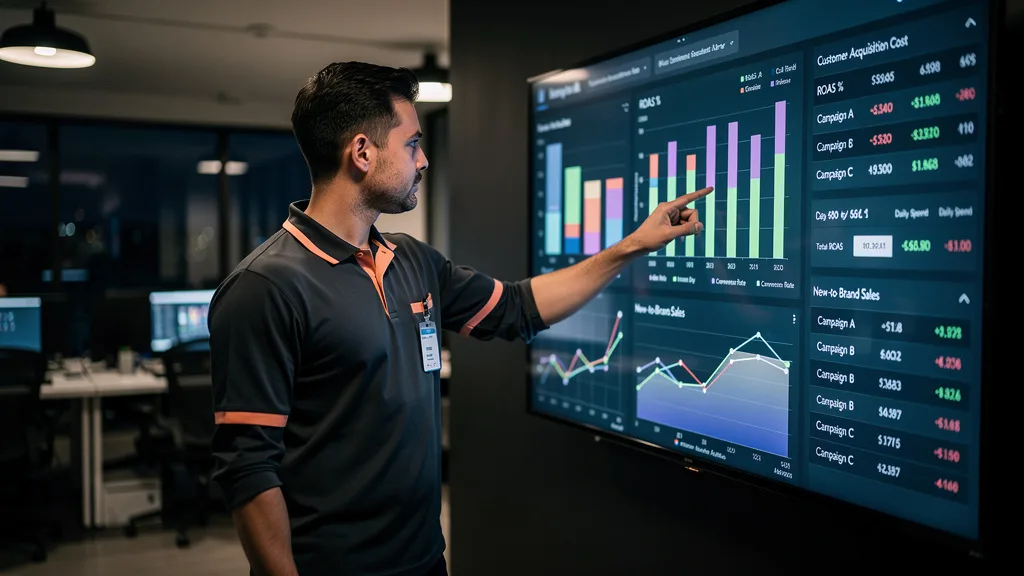 An analyst reviewing a dashboard of post-Prime Day advertising performance metrics.