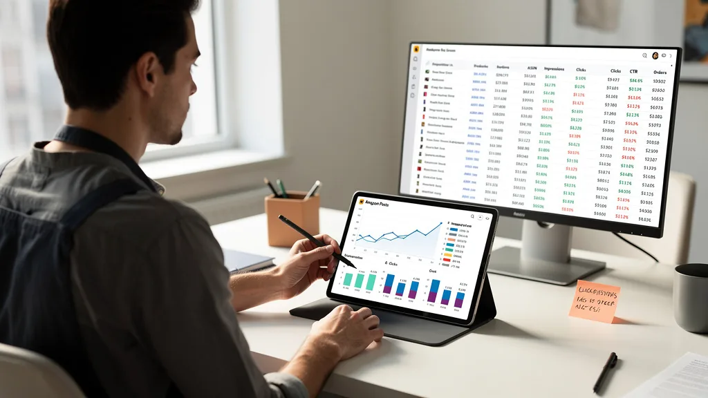 The Amazon Posts analytics dashboard on a tablet showing metrics like impressions and clicks.