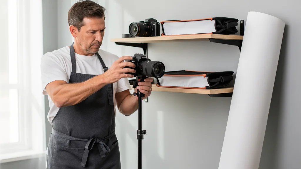 Click to manage / replace image Essential DIY product photography gear including a camera, lights, and backdrop.