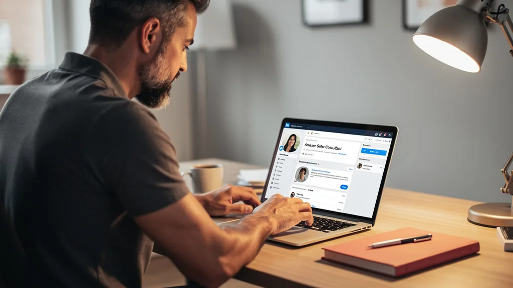 An individual optimizing their LinkedIn profile to connect with the Amazon seller community.
