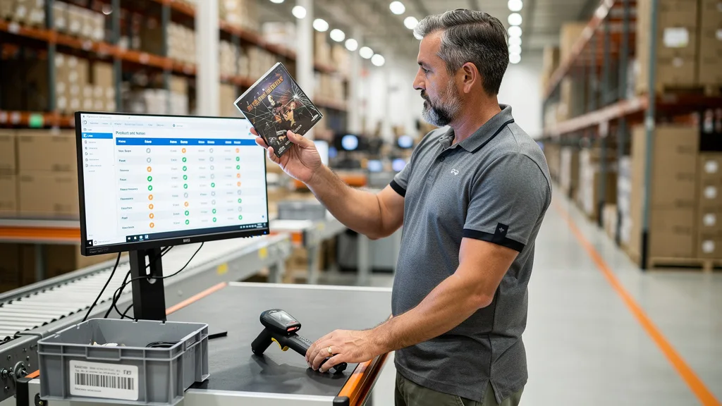 An FBA employee inspecting a used DVD against Amazon