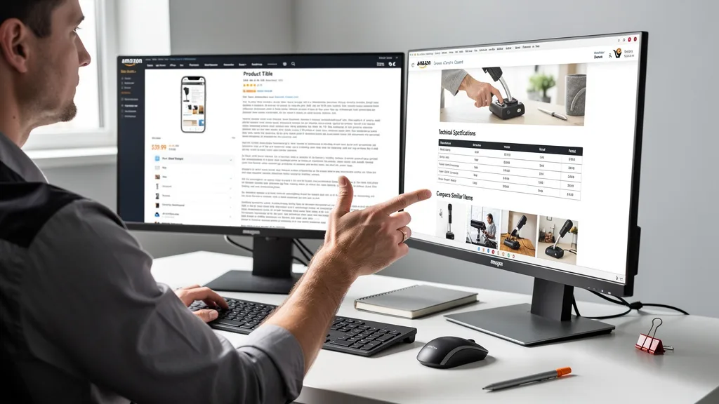 A side-by-side comparison of a basic Amazon listing and an enhanced A+ Content page with detailed specs.