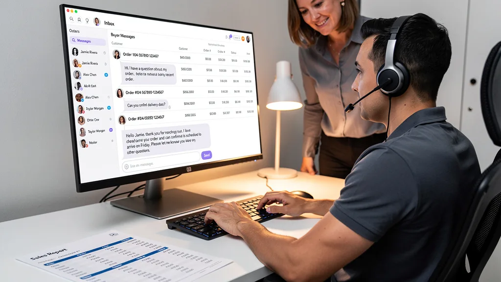 A customer service agent responds quickly to a buyer message on the Amazon platform.