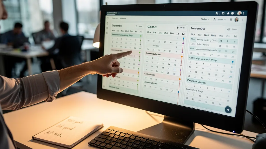 Click to manage / replace image A digital calendar showing key milestones for tracking Amazon listing optimization results over three months.