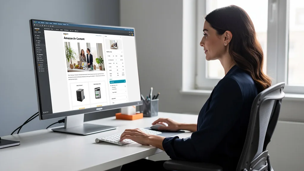 Click to manage / replace image A designer creating engaging Amazon A+ Content to enhance a product detail page.