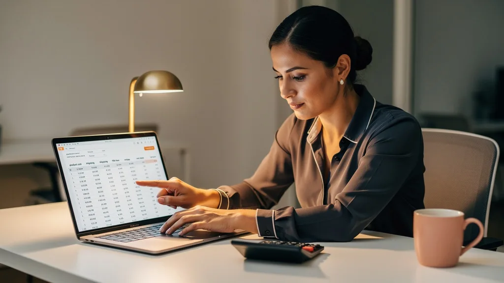 Click to manage / replace image A seller calculating the potential profit margins for an Amazon product using a detailed spreadsheet.