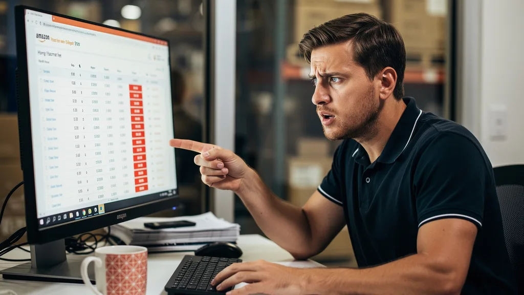 Seller pointing at a computer screen displaying a high Amazon FBA fee report, looking concerned.