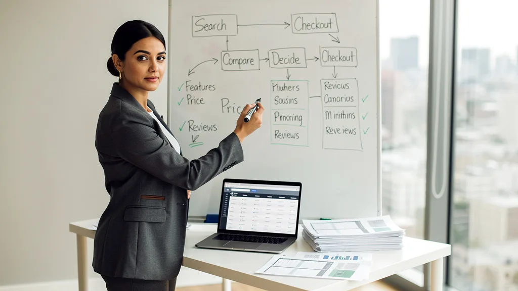 Click to manage / replace image A strategist mapping out the four-step process for Amazon product comparison on a whiteboard.