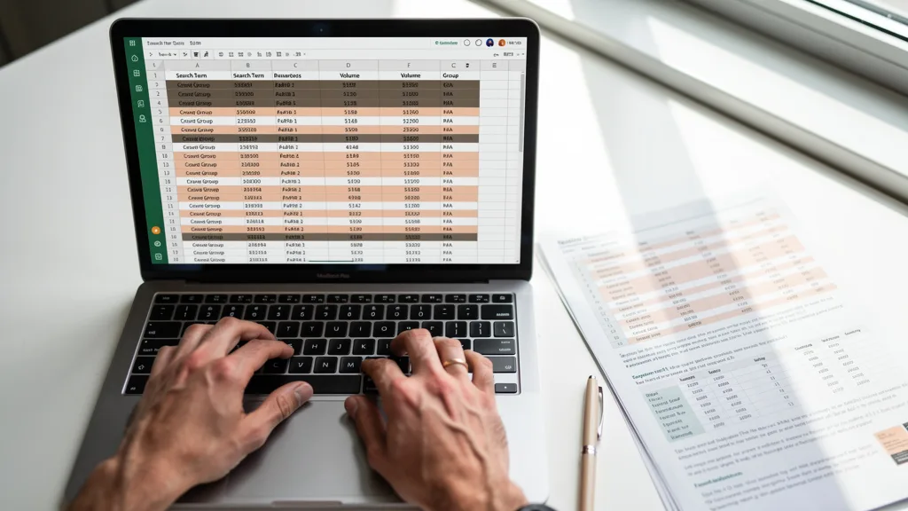 Click to manage / replace image A detailed spreadsheet on a laptop showing manually sorted and color-coded keyword groups.