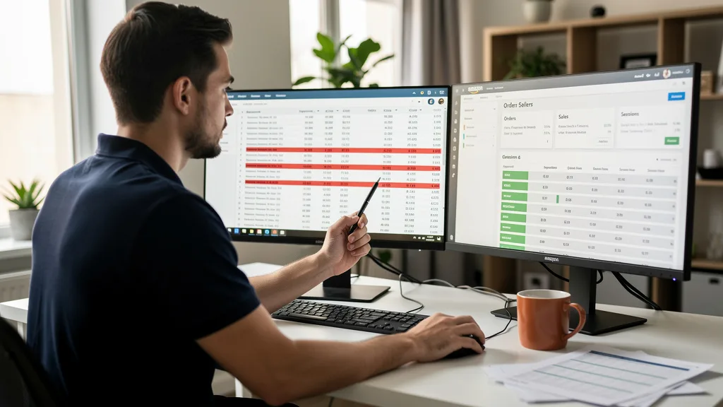 Click to manage / replace image PPC specialist identifying wasted ad spend on a spreadsheet.