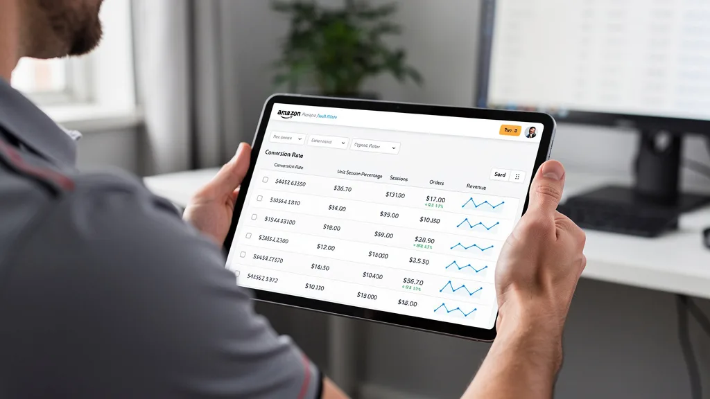 Click to manage / replace image An Amazon analytics dashboard showing key performance metrics for SEO and listing optimization.