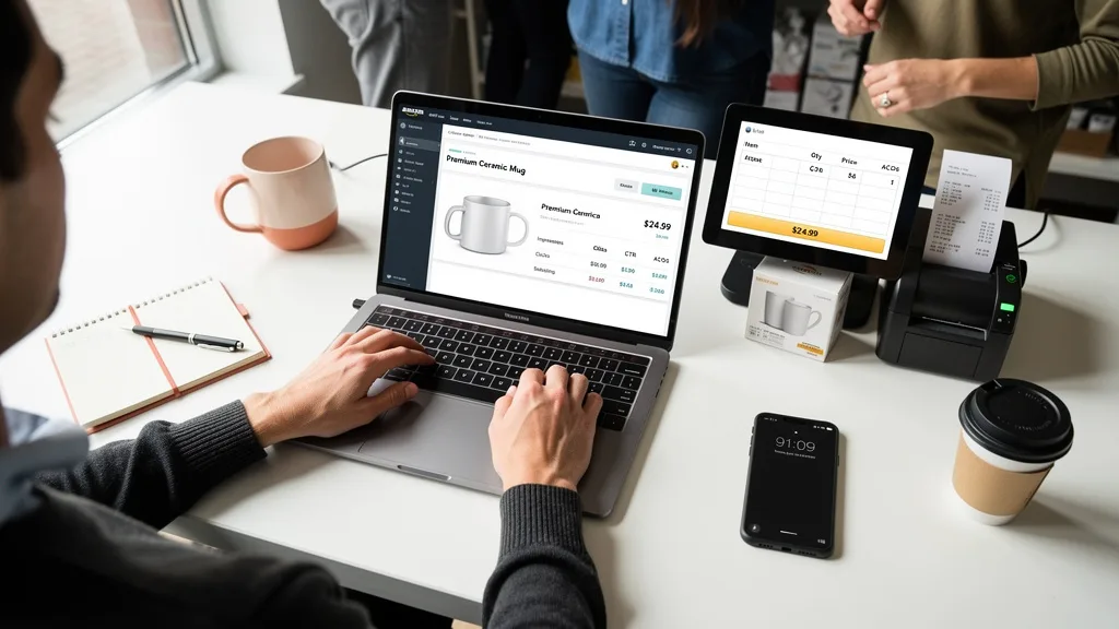A marketing specialist writing a compelling caption for an Amazon Post on a laptop.