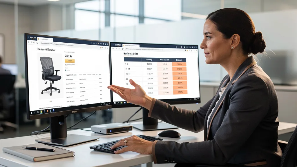 A comparison showing an Amazon product page with a business price and quantity discount tiers highlighted.