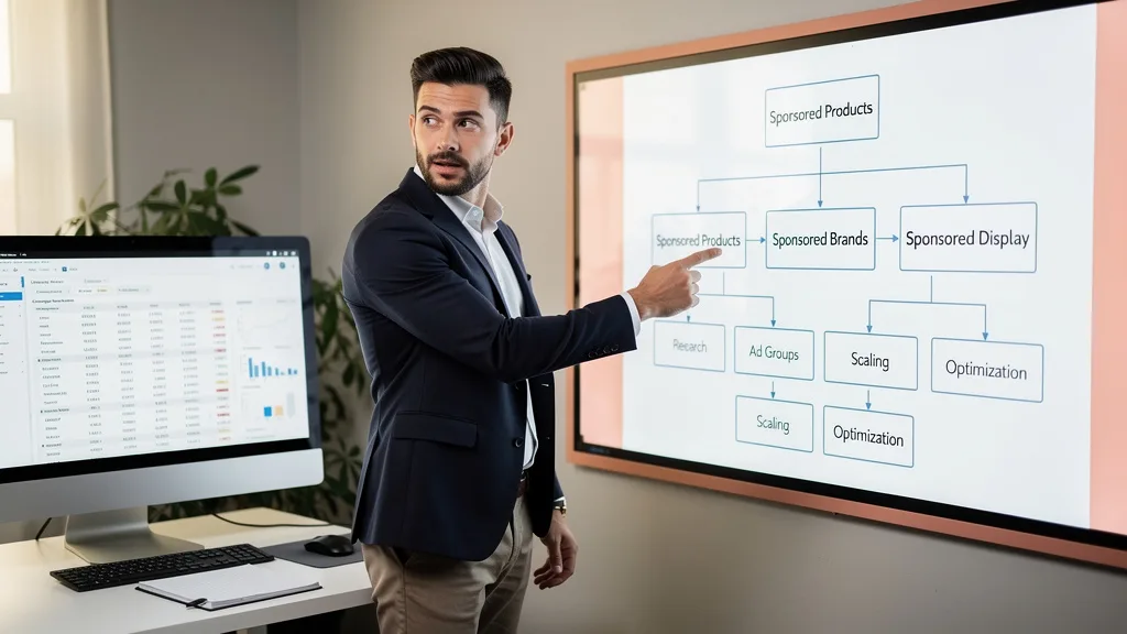 Click to manage / replace image A diagram illustrating a tiered Amazon PPC campaign structure for scalability.