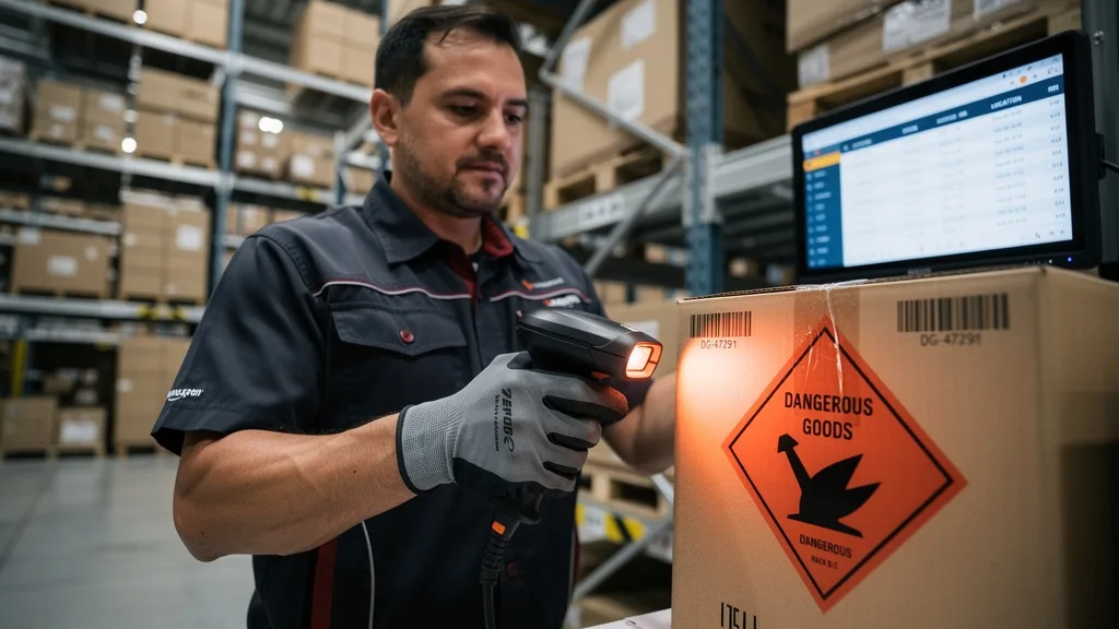 Warehouse worker scanning a product labeled as a dangerous good in an Amazon fulfillment center.