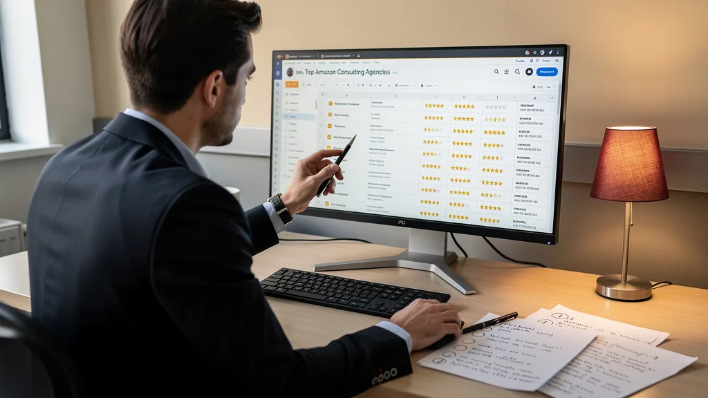 Click to manage / replace image Researching top Amazon consulting agencies online to create a shortlist.