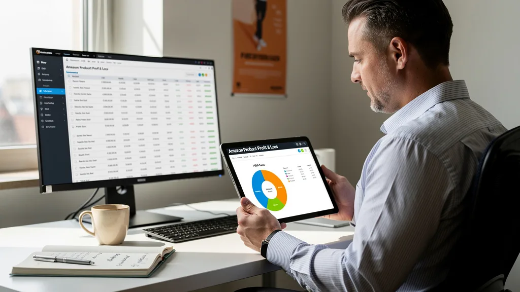Click to manage / replace image An Amazon seller analyzing a profit and loss report on a tablet, showing a breakdown of FBA fees.
