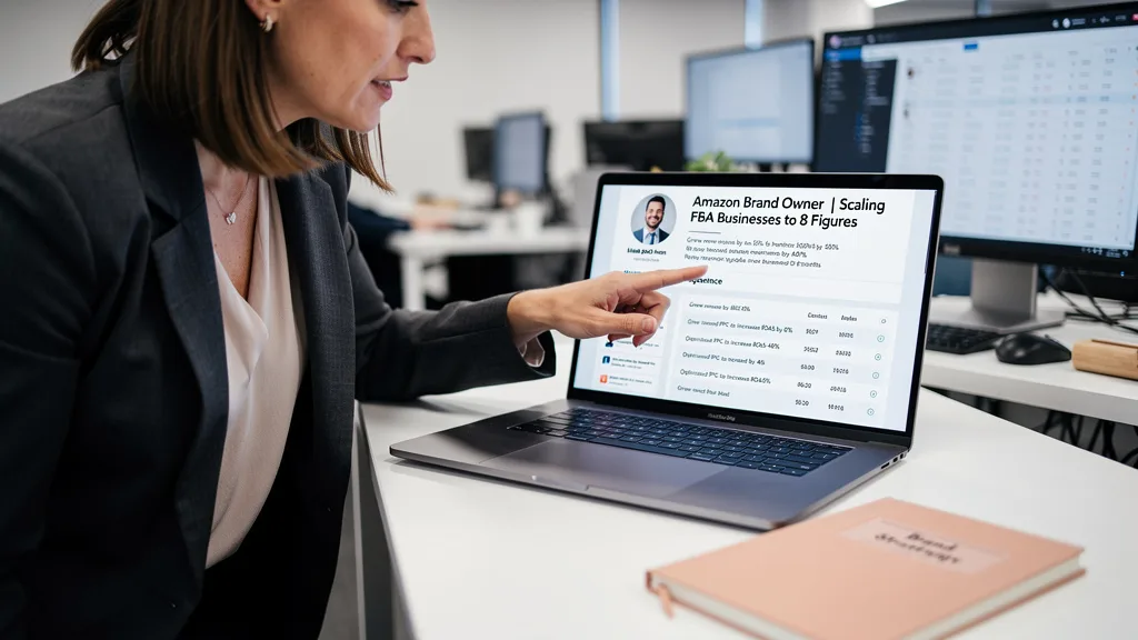An example of an optimized LinkedIn profile for an Amazon seller highlighting their experience and success.