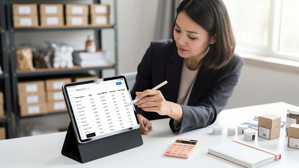 A spreadsheet on a tablet displaying a detailed calculation of Amazon FBA fees and profit margins.