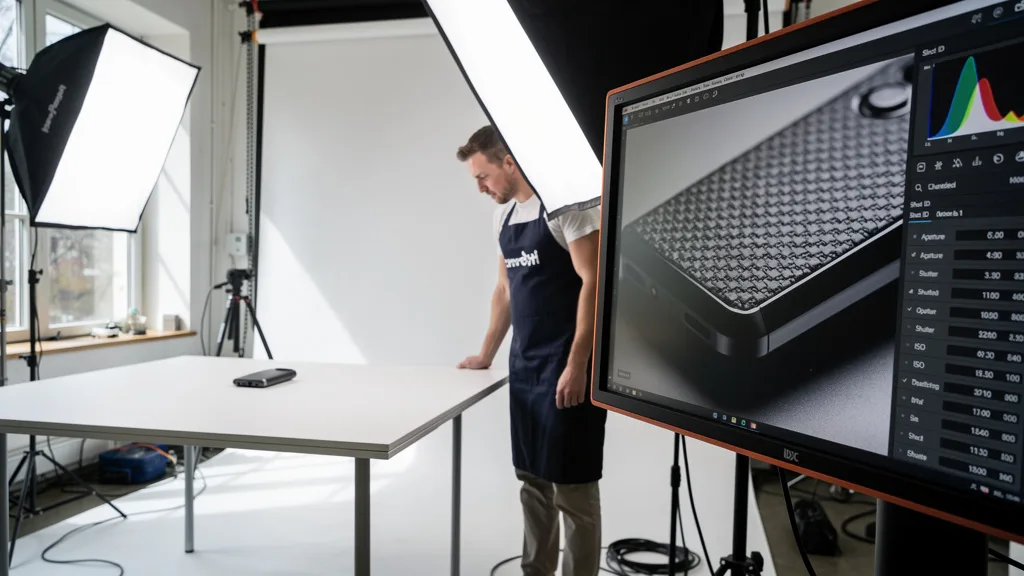 Click to manage / replace image A professional product photography shoot for an Amazon listing, with a focus on high-quality lighting and a white background.