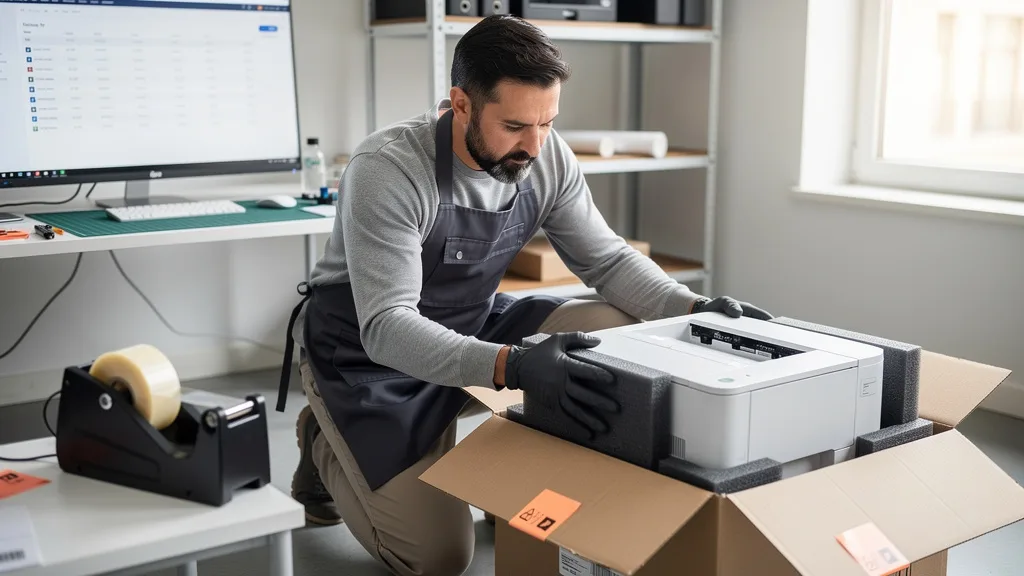 Click to manage / replace image An office printer being securely packaged with protective foam for FBA shipment.