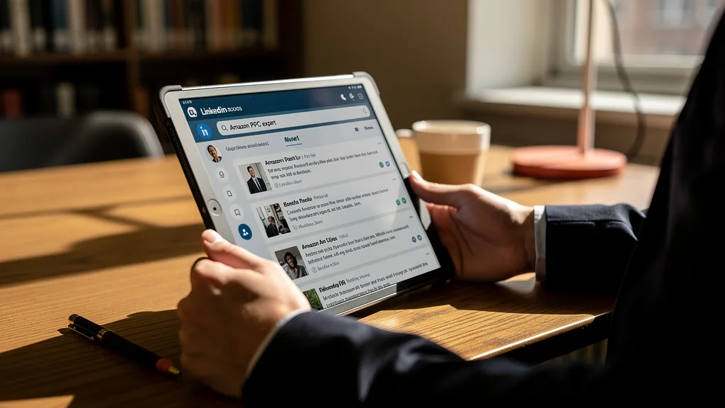 Click to manage / replace image Using the LinkedIn search function on a tablet to find Amazon PPC experts and relevant content.