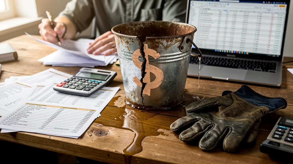 A leaky bucket symbolizing wasted PPC ad spend due to a poorly optimized product listing that fails to convert visitors.