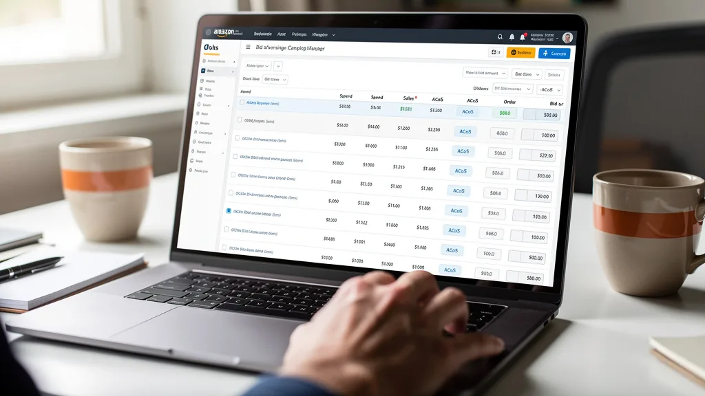 Click to manage / replace image An Amazon Advertising campaign manager software on a laptop screen