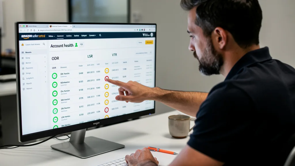A computer screen showing the Amazon account health dashboard with metrics for ODR, LSR, and VTR.
