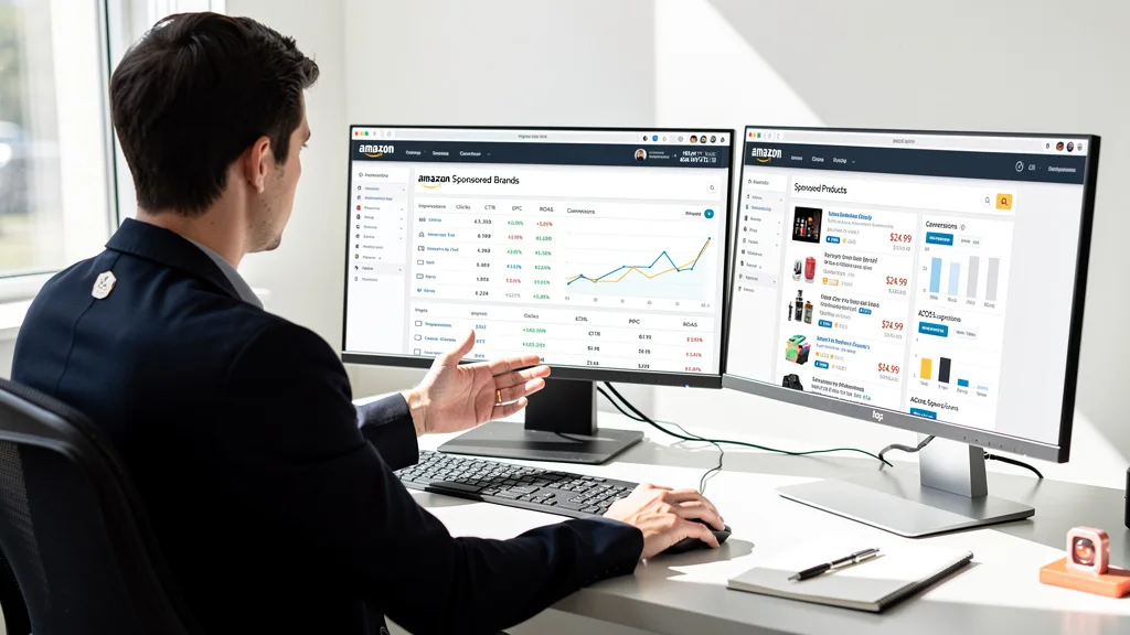 A marketing professional reviewing a custom Sponsored Brand video ad creative before launch.