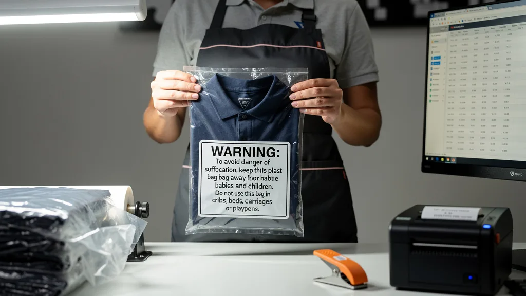 A correctly packaged polo shirt in a clear poly bag with a suffocation warning label as required by Amazon FBA.