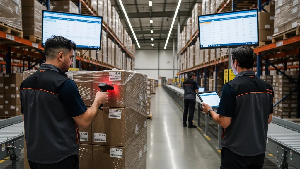 Click to manage / replace image Pallets of products being processed inside a large Amazon FBA fulfillment center.