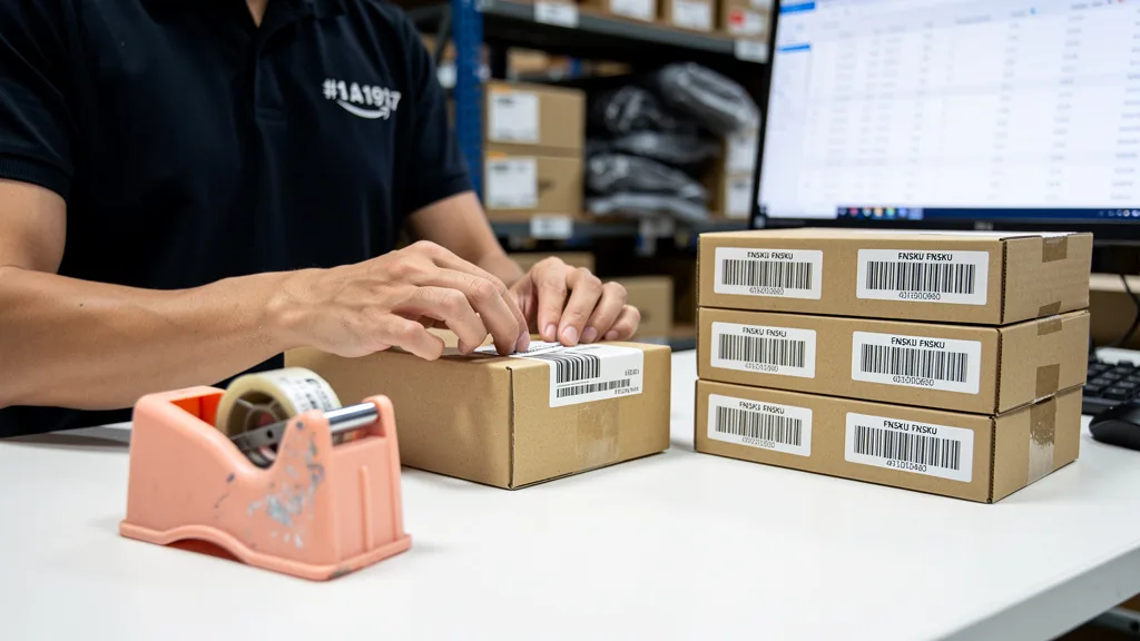 Click to manage / replace image A worker carefully applies a correct FNSKU barcode label to a product before sending it to Amazon FBA.